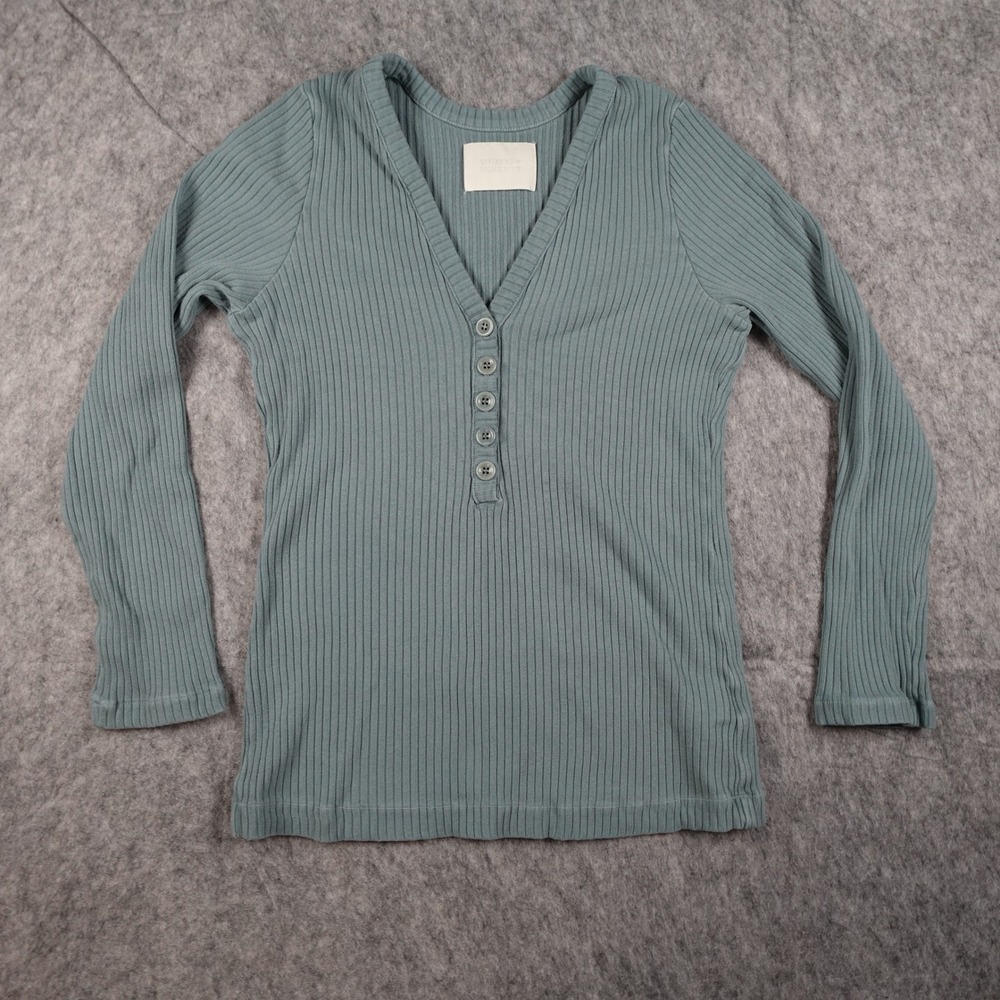 Citizens of Humanity Top Women Large Green Aideen Ribbed Henley VNeck Long Slv